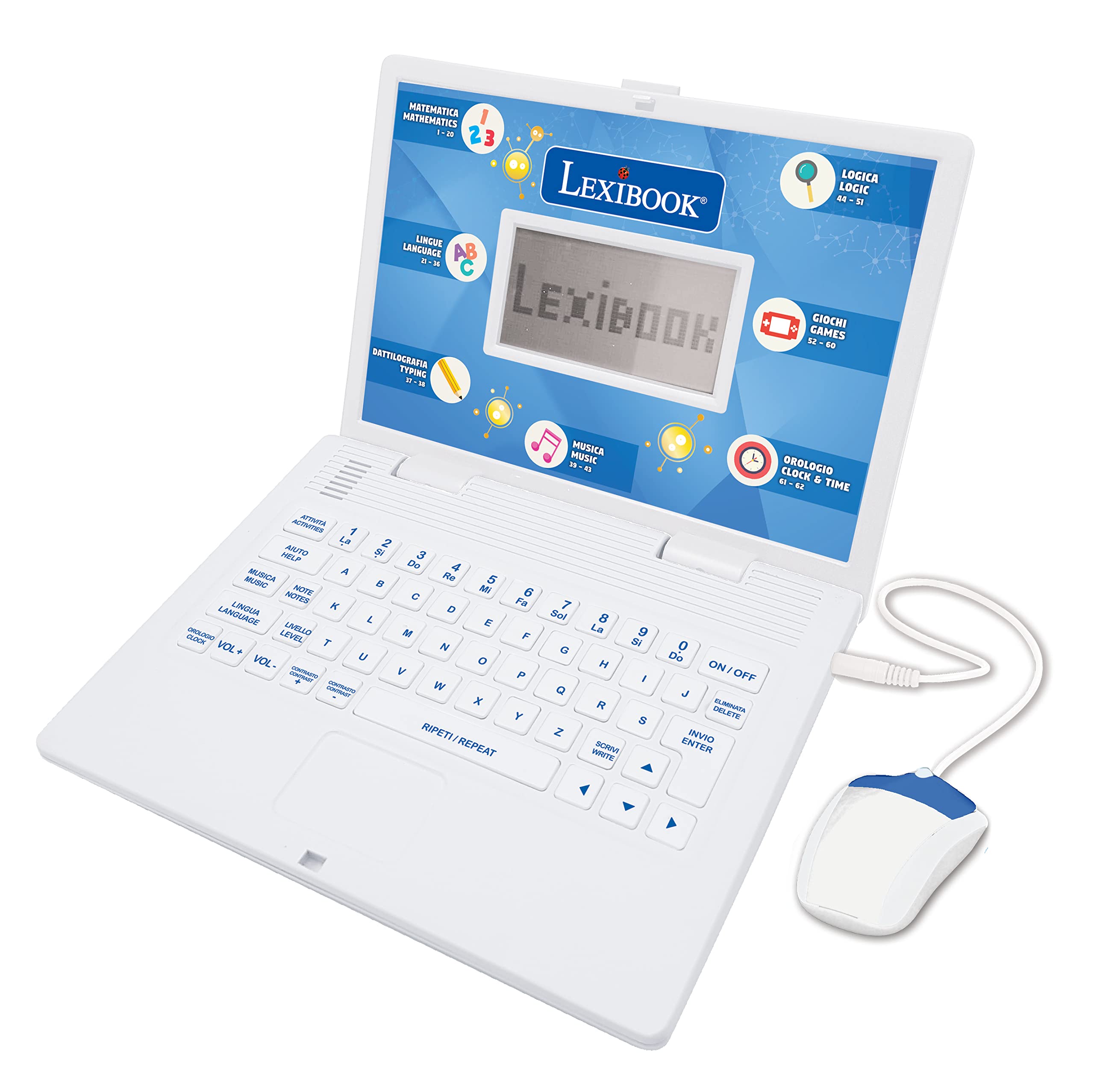 LEXIBOOK, Educational and Bilingual Laptop Italian/English, Toy with 124 Activities to Learn Mathematics, Dactylography, Logic, Clock Reading, Play Games and Music, White, JC598i5