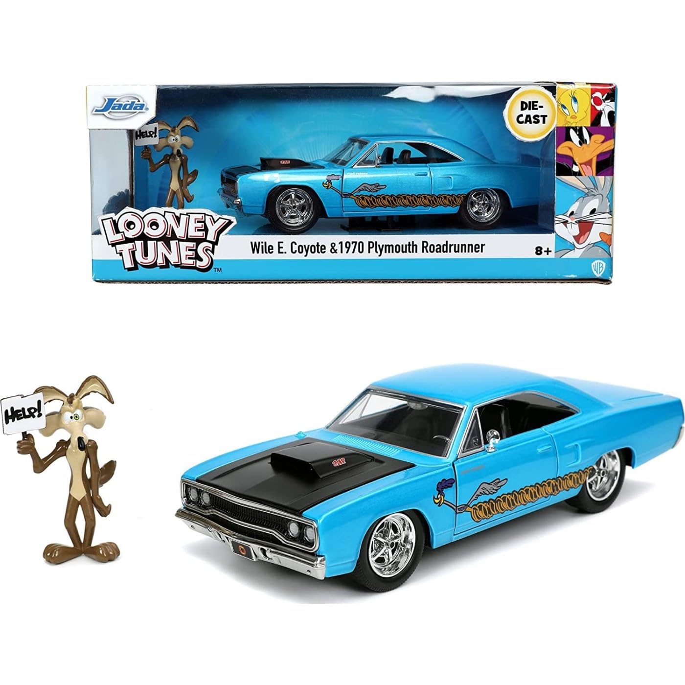 Jada Toys 253255028 Looney Toons Road Runner Plymouth 1:24 Scale Die-Cast Willy The Coyote Figure + 8 Years