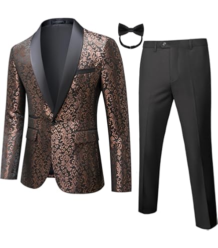QZI Men's Floral Jacquard Suit Double Breasted Detachable Satin