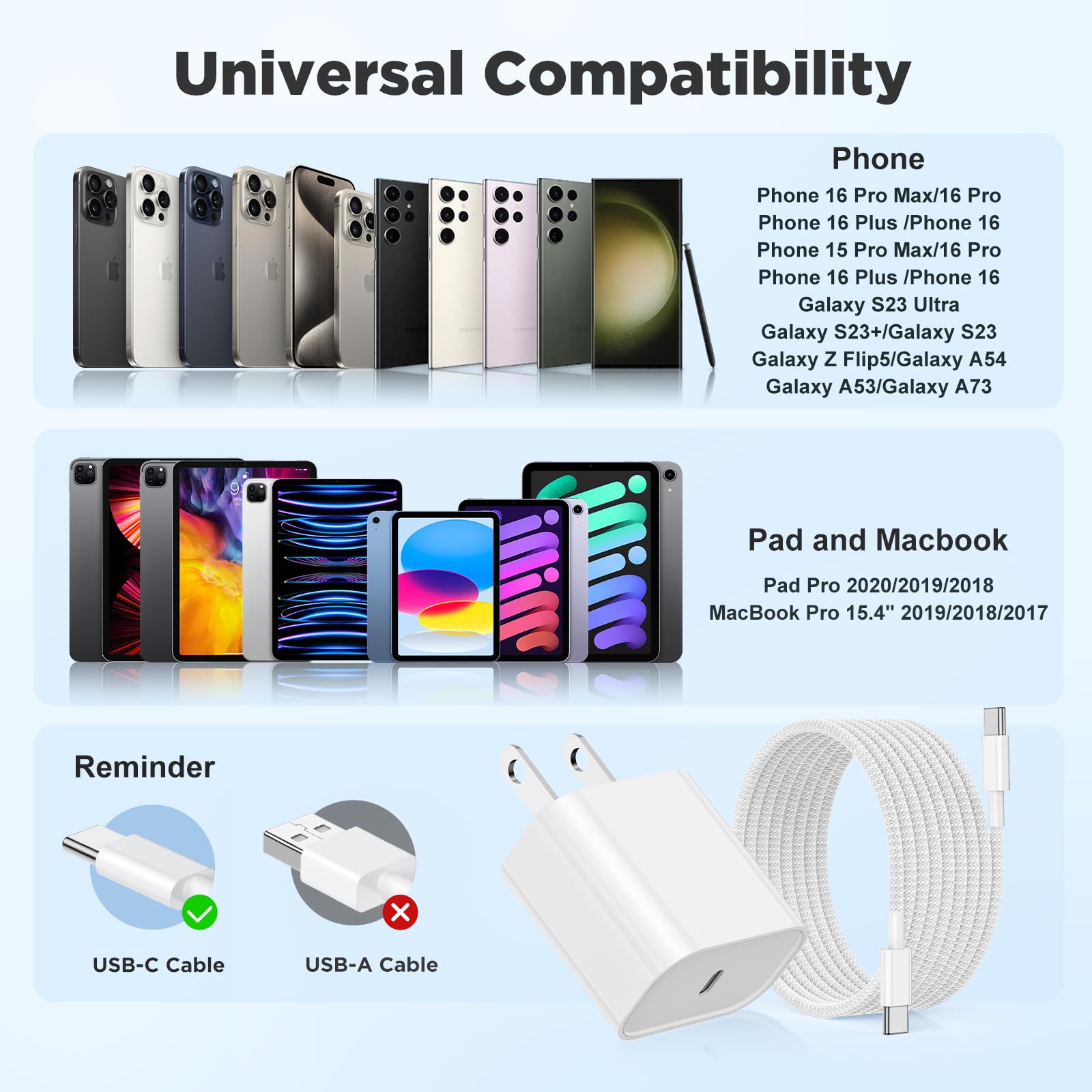 Fast Charging for iPhone 17 Air/16/15 Pro Max Charger Colorful,3Pack 20W USB C Fast Chargers Block with 6/6/10ft Long USB C to C Braided Cable Compatible with iPhone 16/15 Pro/15 Plus/iPad Pro 13/12.9