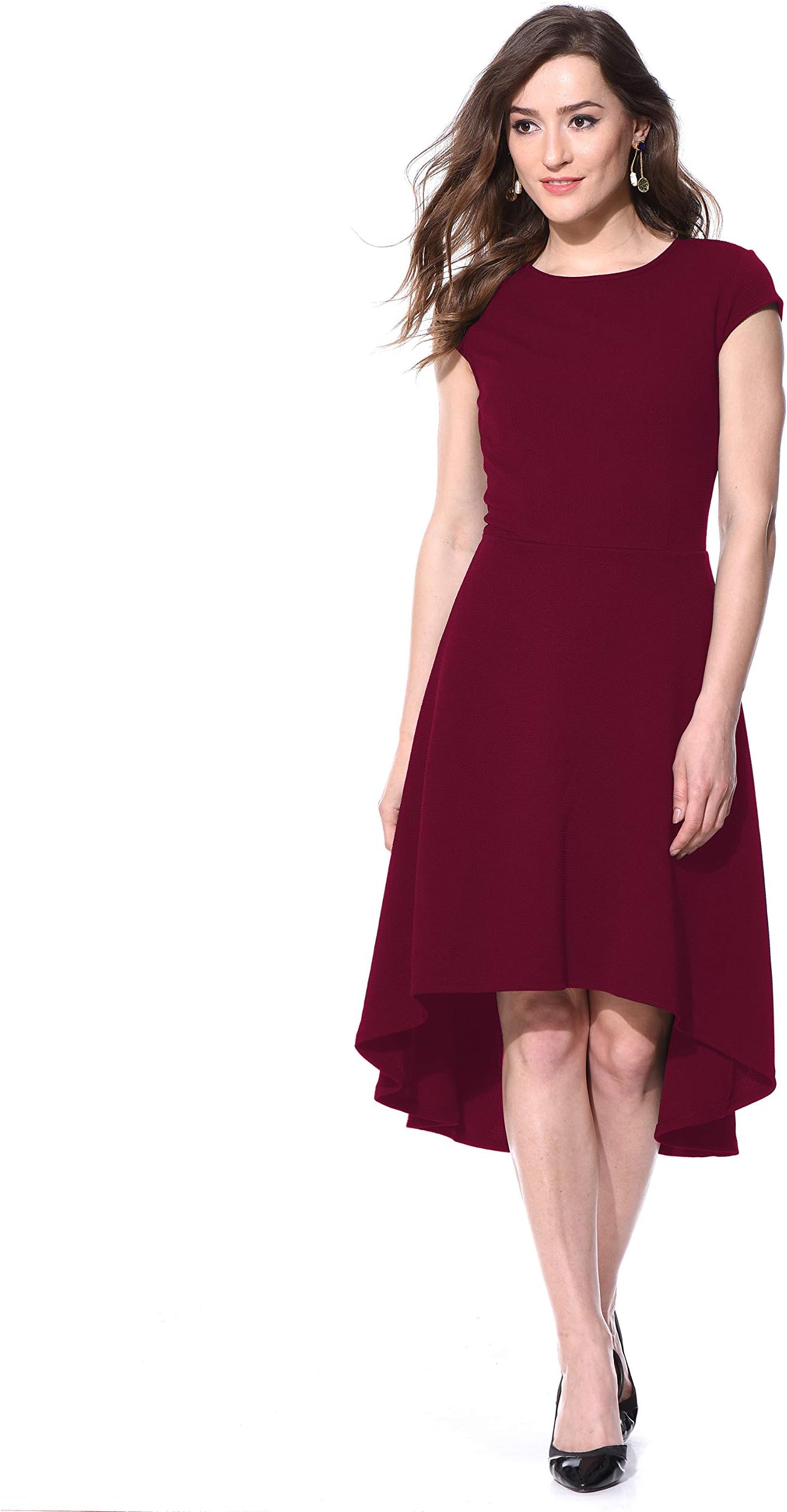 AARAWomen's Polyester Black Cap Sleeve High Low Assymetrical Causal Midi Dress