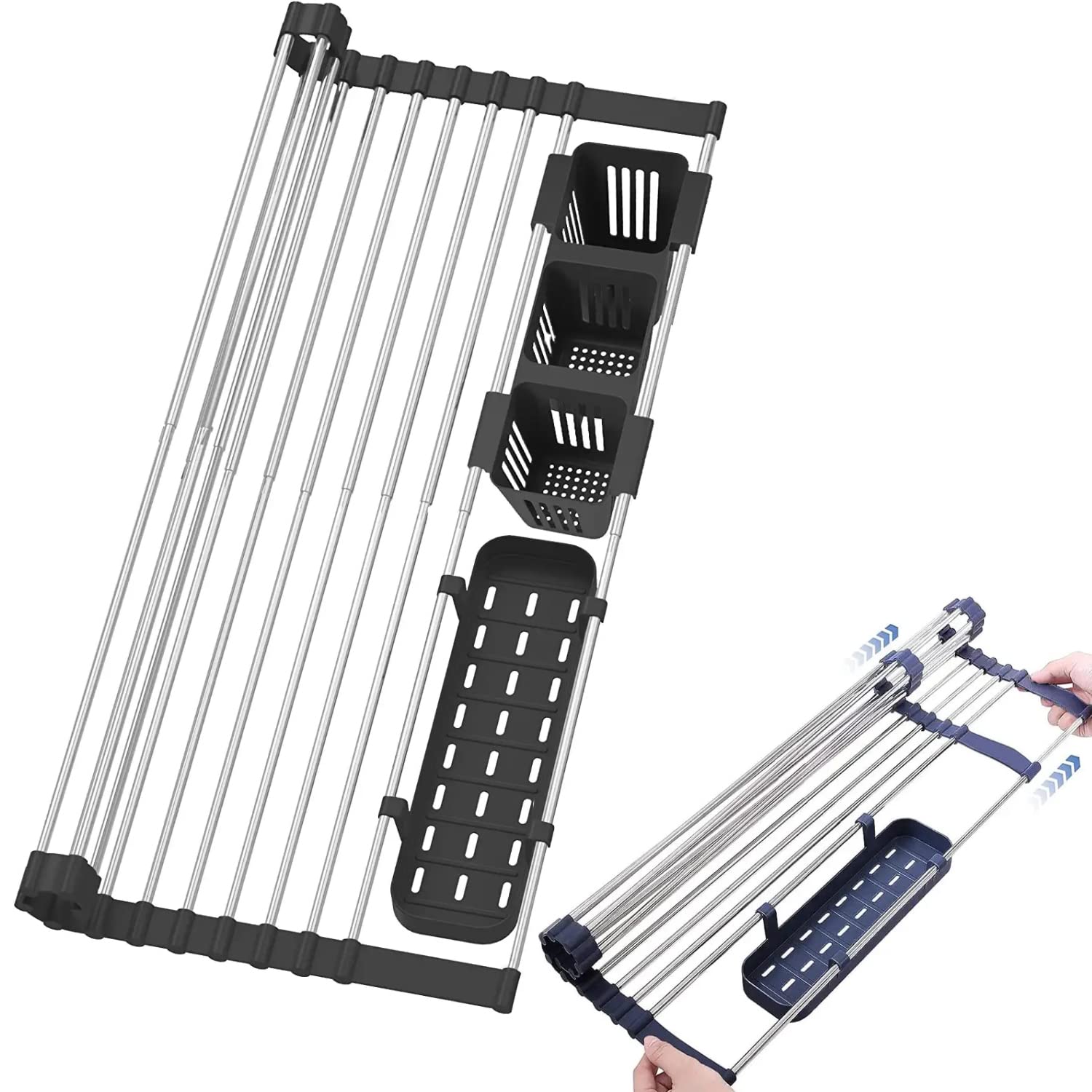 Ygapuzi Expandable Roll Up Dish Drying Rack Over the Sink for Kitchen 12.6''-23.3'', Sink Drying Rack Roll Up with Utensil Holder, Stainless Steel Roll Up Dish Drainer for Kitchen Organizer (Black)