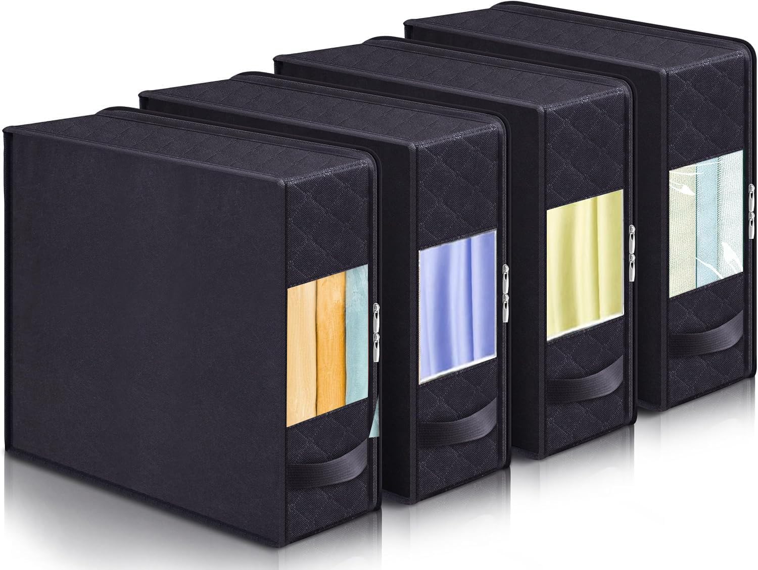 MISSLO 4 Pack Bed Sheet Organizers and Storage Set, Foldable Bedding Storage Bags for Linen Closet Container Box with Zippers, Sheet Organiser for Queen or King Size Duvet Cover, Pillow Cases, Black