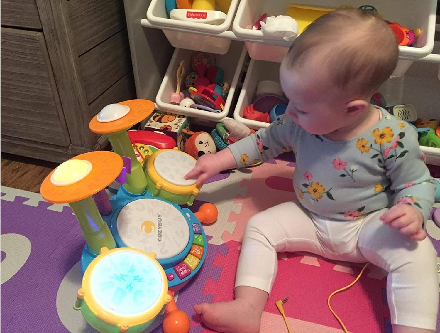 Cozybuy Kids Drum Set, Electronic Musical Instruments Toddlers Toys with 2 Drum Sticks, Beats Flash Light and Adjustable Microphone, Birthday Gift for 1-12 Years Old Boys and Girls: Toys & Games