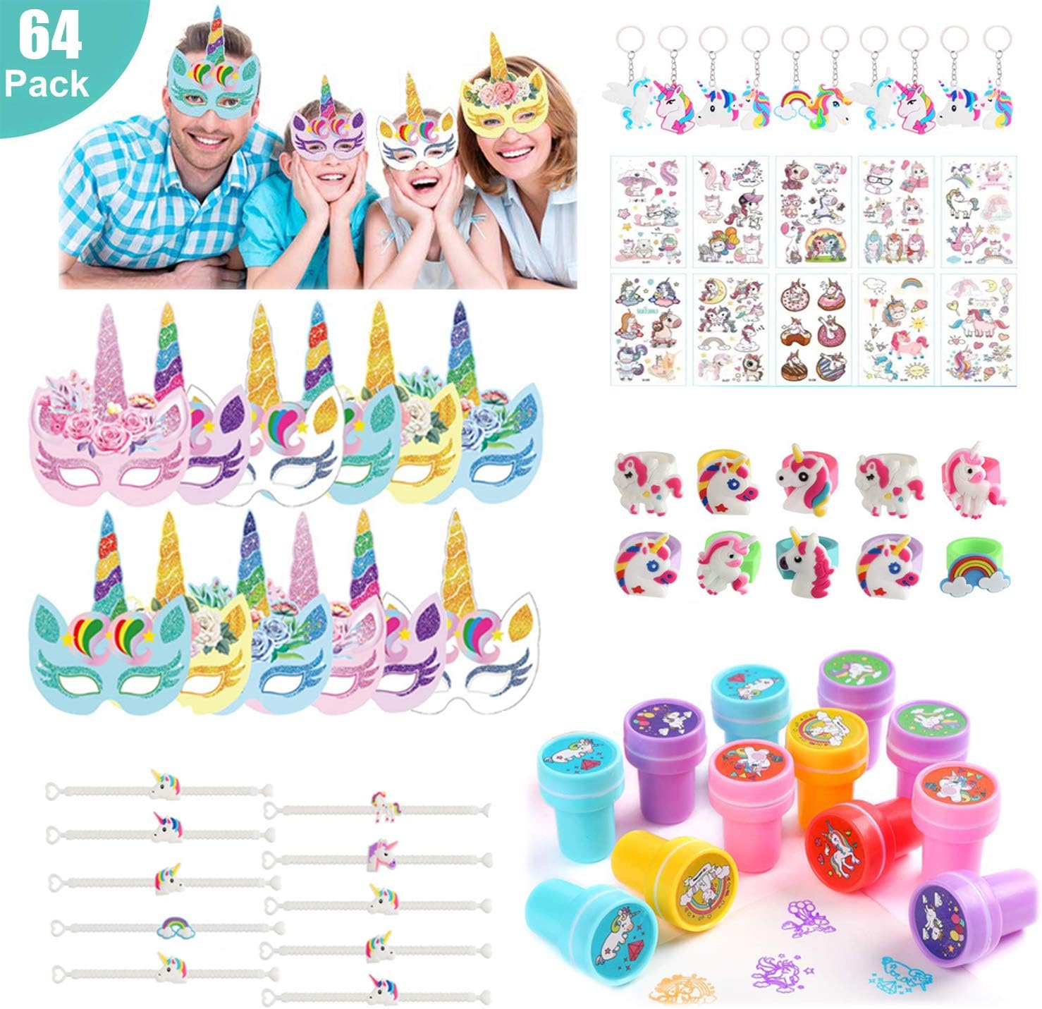 64PCS Unicorn Party Bag Fillers For Girl-Unicorn Party Supplies Toys Include Unicorn Paper Mask Stamp Keychain Ring Bracelet Ring Temporary Tattoo for kids Gifts Birthday Party Favors