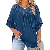 Micoson Womens Plus Size Tops 3/4 Ruffle Sleeve Shirts Crewneck Pleated Blouses Dressy Casual Fashion Tunic Top (1X-5X)