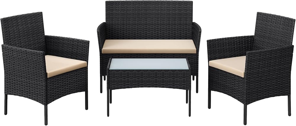 SONGMICS Garden Furniture Set Polyrattan Outdoor Patio PE Wicker Black Taupe