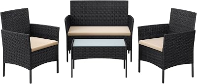 SONGMICS Garden Furniture Set Polyrattan Outdoor Patio PE Wicker Black Taupe