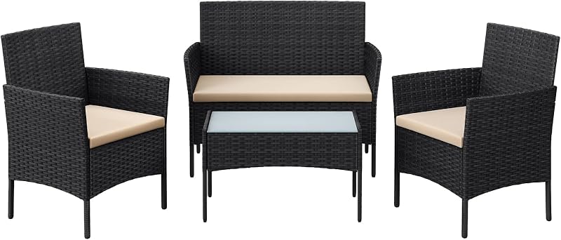 SONGMICS Garden Furniture Set Polyrattan Outdoor Patio PE Wicker Black Taupe