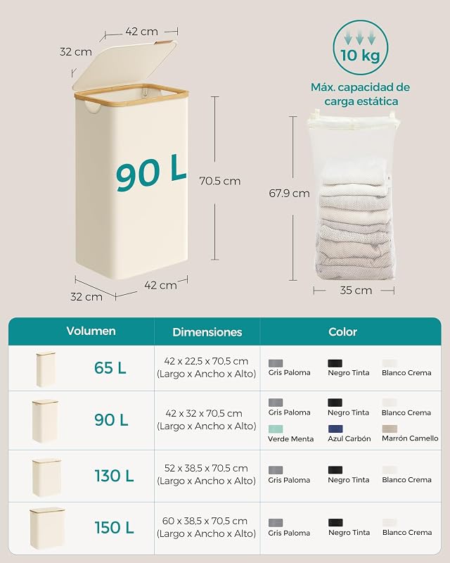 Cesto de roupa com tampa, Cesto Grande de Roupa, 90 L, Forro de Rede Removível, Tecido Oxford, Cabos de Bambu, Dobrável, 42 x 32 x 70,5 cm, Branco Creme LCB509W01