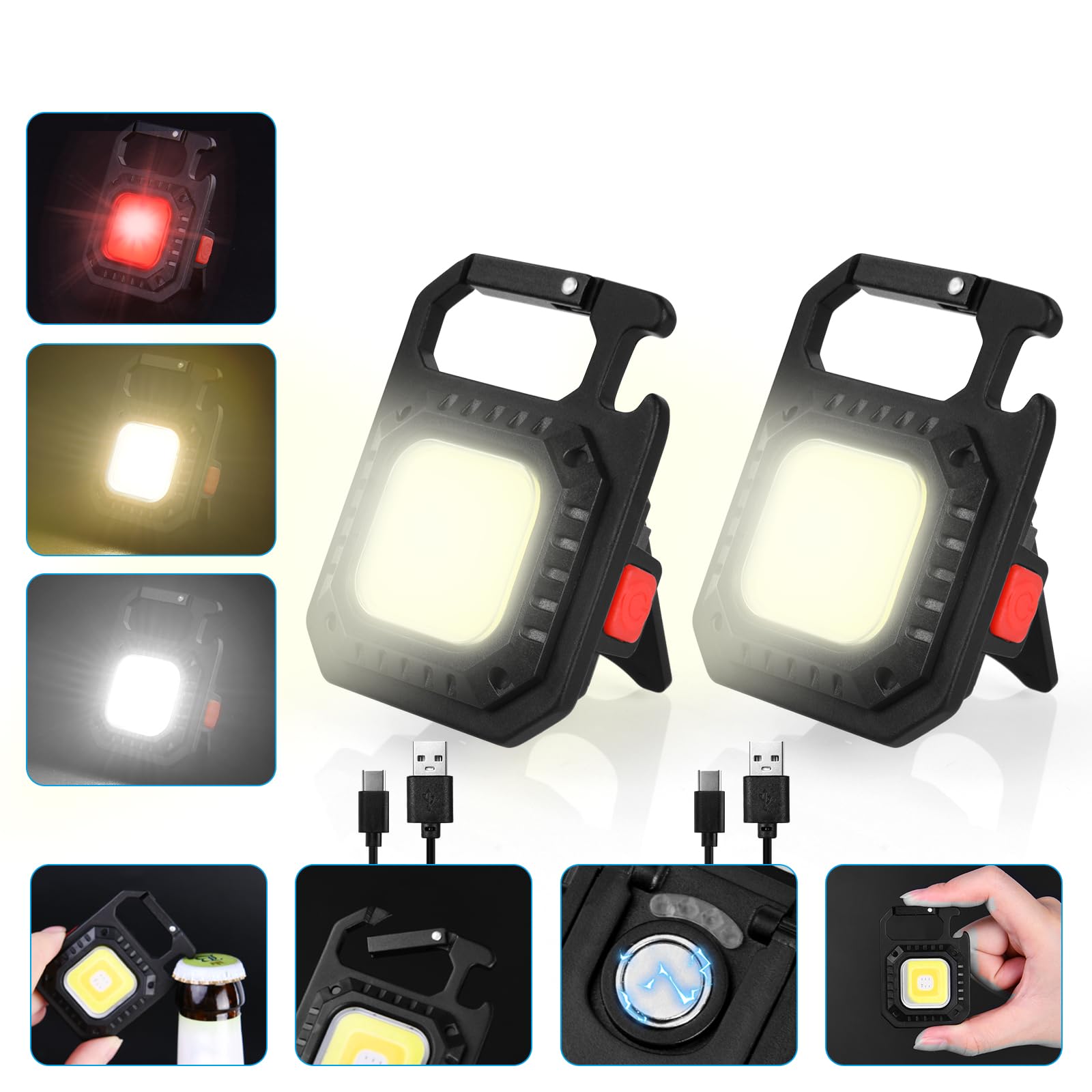 URAQT Mini LED COB Flashlight, 1000 Lumens 500mAh 7 Light Modes Tiny Handheld Keychain Torch, Multifunctional Emergency Keyring Flashlight Rechargeable Work Lights with Folding Bracket Bottle Opener — image 1