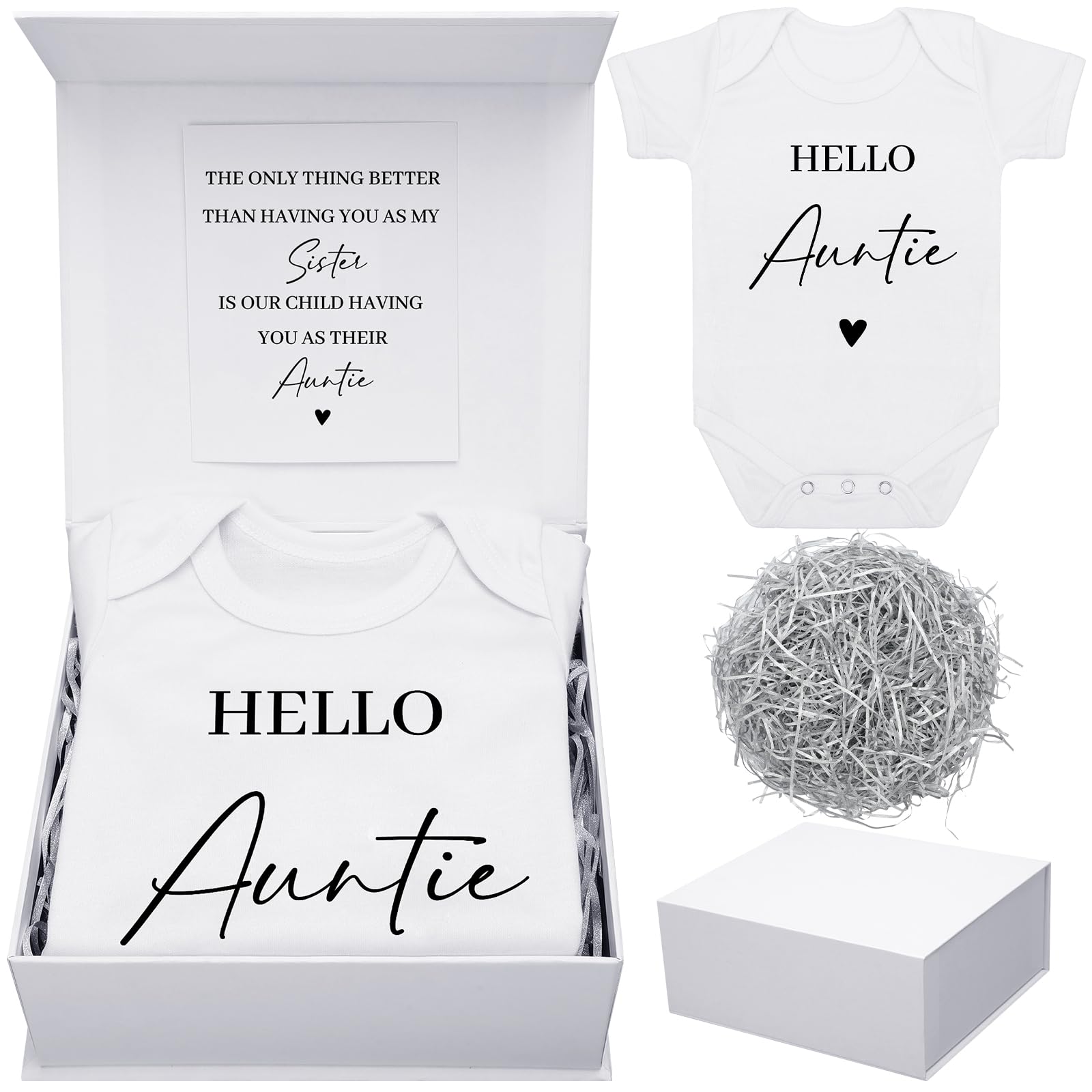 Photo 1 of Shyyween 4 Pcs Pregnancy Announcement for Aunt, Hello Auntie Baby Bodysuit, Hello Auntie Pregnancy Reveal Card Baby Reveal Gift Box Baby Announcement Gifts Set for Aunt Women