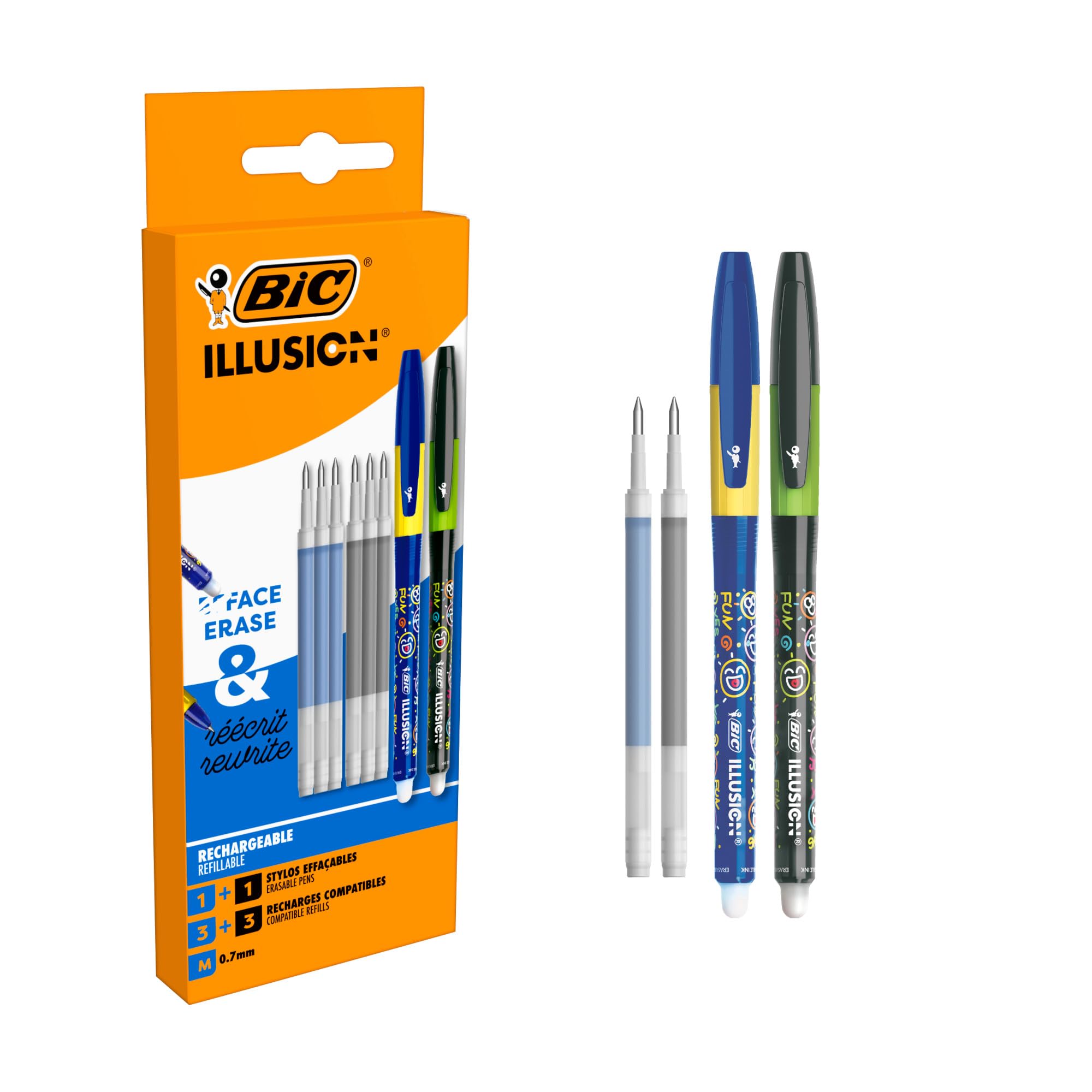 BIC Illusion Eraseable Gel Pens, 2 Pens, Black & Blue Ink, 6 Cartridge Refills