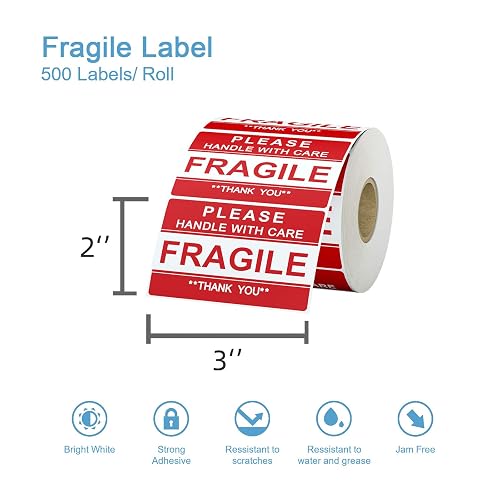 True-Ally 1 Roll Fragile Stickers - 3\"x 1\" Strong Adhesive Red Fragile...