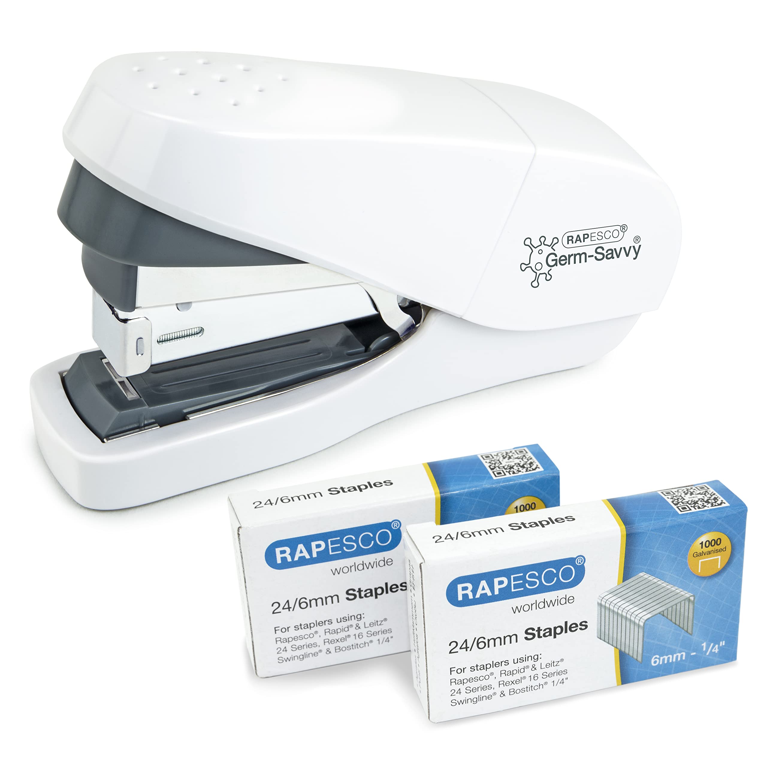 Rapesco 1689 ECO Less Effort Flat Clinch Stapler with 2000 Type 24/6mm Staples, 35 Sheet Capacity, White
