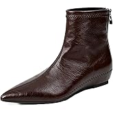 TWODNAWK Women's Leather Fall Flat Chelsea Ankle Boots Sexy Pointed-toed Back Zipper Comfortable Internal Height Increase Dress Short Booties for Casual Party Dating