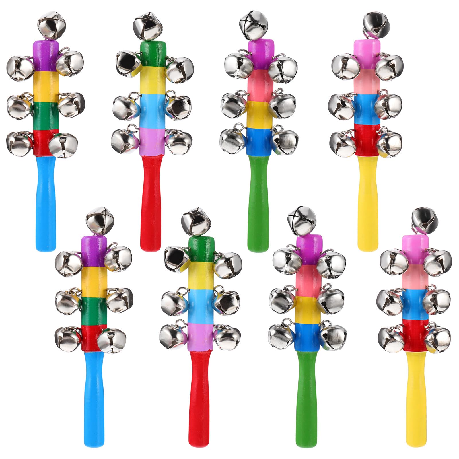 STOBOK 8Pcs Baby Handle Wooden Bells Rainbow Handle Jingle Bells Christmas Hand Sleigh Jingle Stick Shaker Rattle Xmas Kids Rattle Toys Musical Rhythm Toys (Random Color)