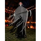 HOMELEX 185cm/72.83in Grim Reaper Halloween Yard Stake Red Eyes and Scythe | Hooded skull, tattered layered robes, skeletal hands, and a plastic scythe create a complete graveyard focal point.