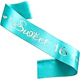 Sweet 16 Sash Blue Green Satin Soft Sashes with Silver Foil Letter, 16th Birthday Sash Decorations Gifts Happy 16th Birthday Party Favor Supplies