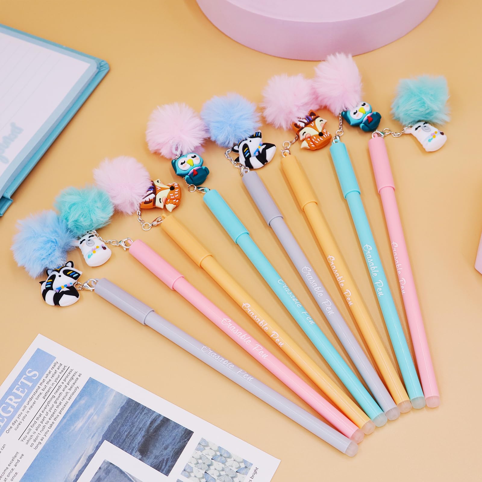 YOYTOO Erasable Gel Pens, 8pcs Retractable Cartoon Erasable Pens Clicker Fine Point 0.5mm, Make Mistakes Disappear, Blue Ink for Journaling Drawing Writing Planner (8 Pack Animal)