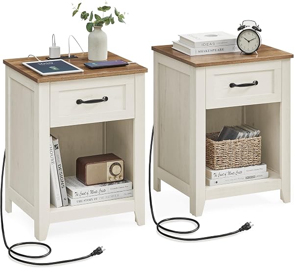 VASAGLE LIRY Collection - Farmhouse Nightstands with Charging Station, Set of 2 Bedside Tables, Side Tables with Drawer, Open