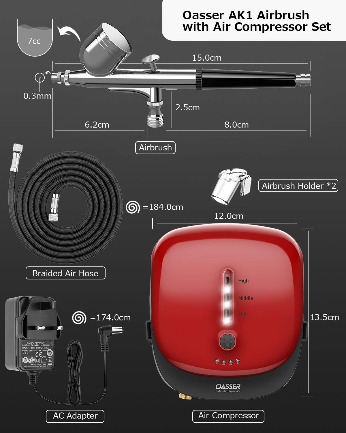 Oasser Dual Action Airbrush Compressor Kit with Rechargeable 1000mAh Lithium Battery, 0.3mm Nozzle 3 Mode Pressure Adjustment - Image 3