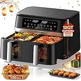 HoninJoy 12QT Large Double Basket Air Fryer with 50PCS Paper Liners and Viewing Window, 12-in-1 Digital Touchscreen Dual Zone