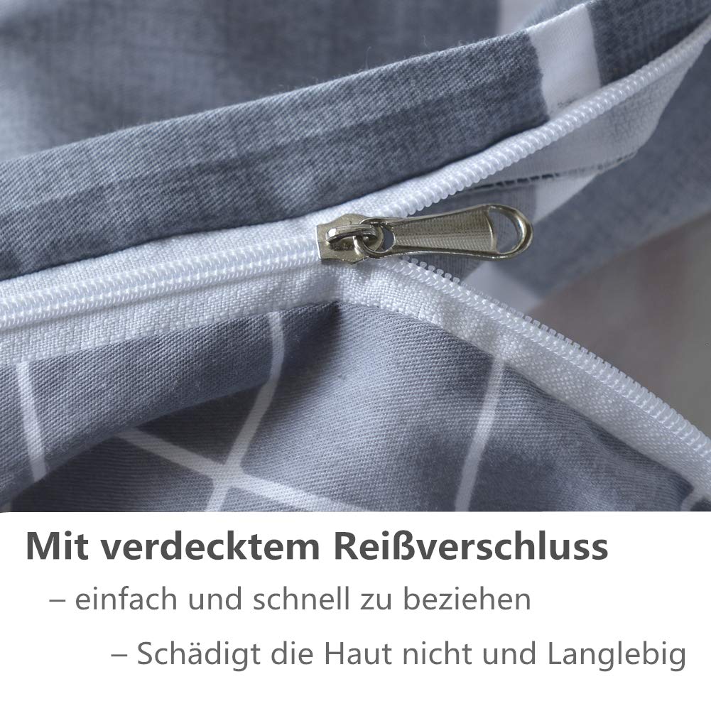 KEAYOO Bettwäsche 135x200 cm Baumwolle für Winter bis Sommer Grau Gestreift mit Reißverschluss 2 teilig 6