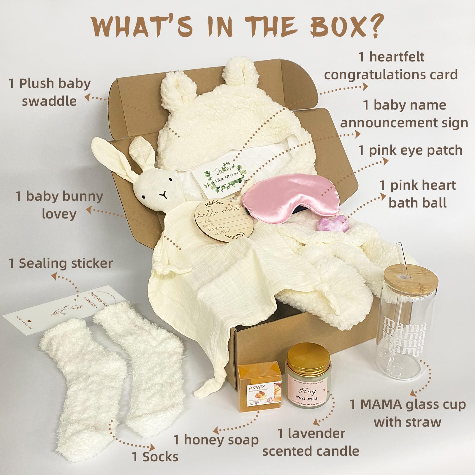 11-Piece New Mom Gifts After Birth for Girls, Pregnancy Gifts for First-Time Moms, Expecting Mom Care Package After Baby(White Bunny)