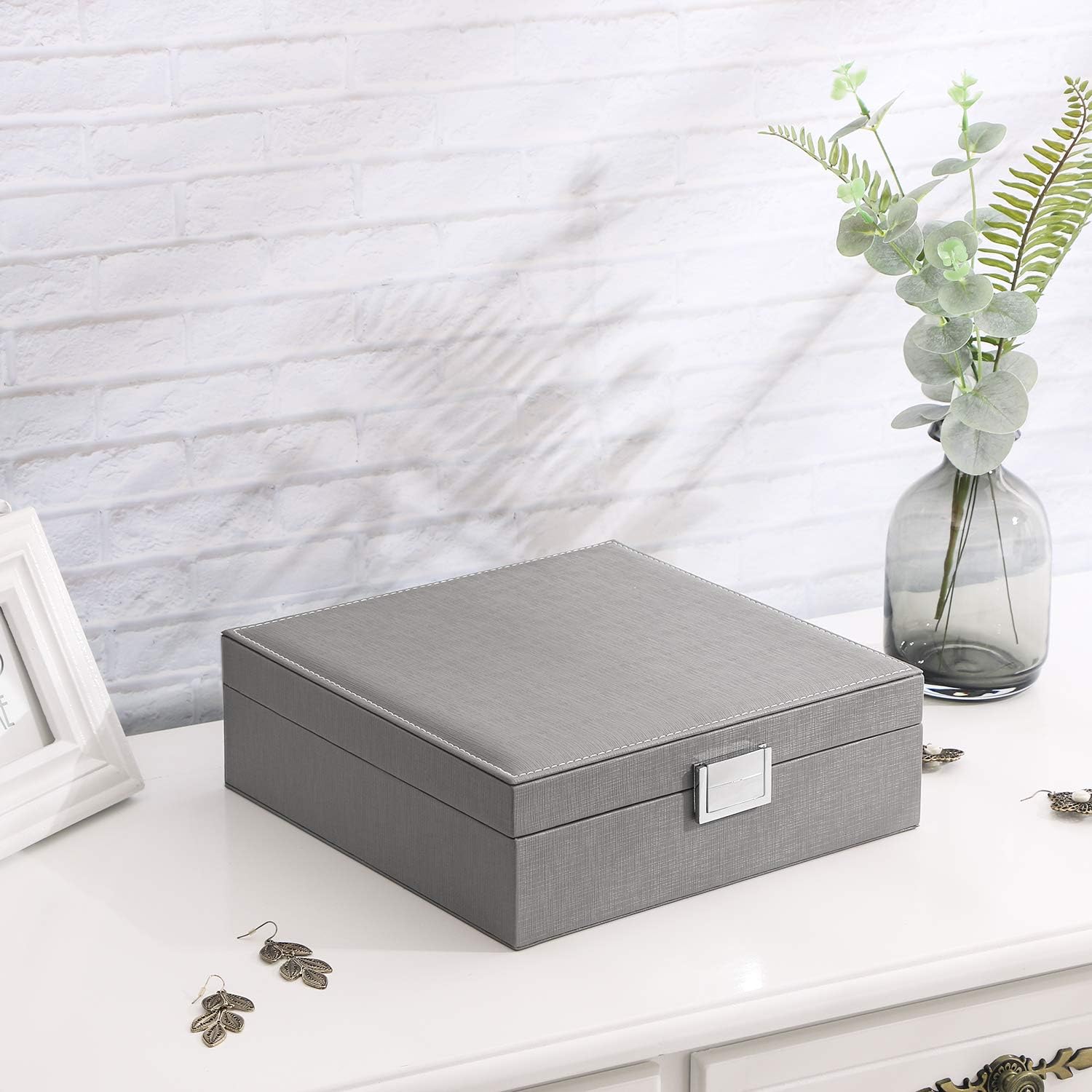 BEWISHOME Jewelry Box for Women 35 Compartments Jewelry Organizer - 6 Necklace Hooks, 2 Layers - Jewelry Boxes Display Storage Case Jewelry Holder for Girls Grey SSH71H: Home Improvement