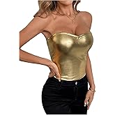MakeMeChic Women's Metallic PU Leather Top Strapless Bandeau Sleeveless Party Crop Tube Top