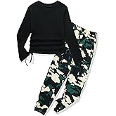 mksodop Girls Clothes Ruched Drawstring Short Sleeve Knit Top and Camo Print Pants 2 Piece Girls Outfits