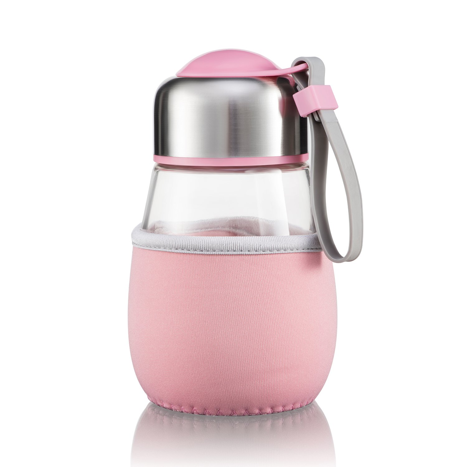 14oz Cute Penguin Borosilicate Glass Student Water Bottle (Green,Pink,Blue） (Pink)