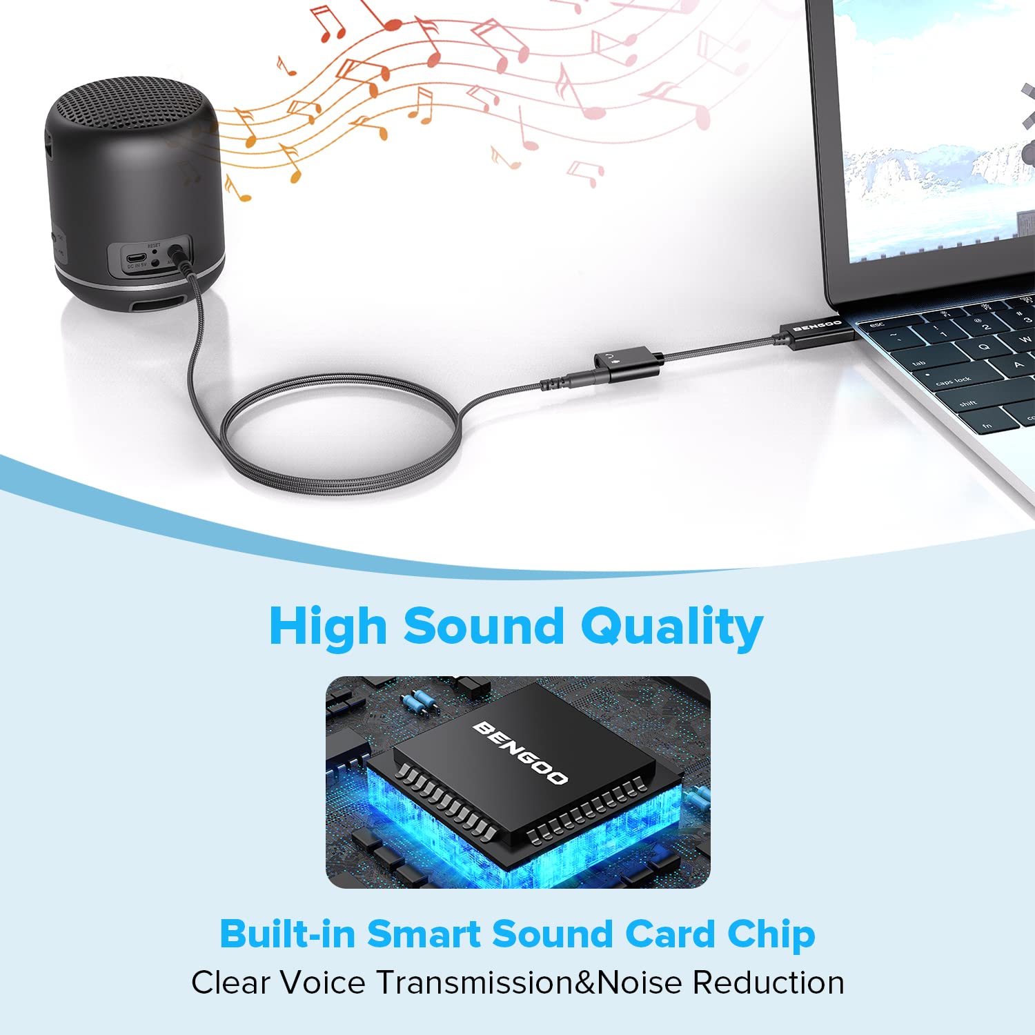 BENGOO USB Sound Card Adapter,USB Audio Adapter 3.5mm Jack,External Sound Card with Dual TRS Headphone and Microphone Jack for Windows Mac Linux PC Laptops Desktops PS4 Headsets, Black
