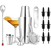 NutriChef Mixology Bartender Cocktail Shaker Set - Includes 15 & 30 oz Stainless Steel Shakers, 6 Bottle Pourers & More - Essential Martini Making Kit - Drink Mixing Set - 15 Piece Cocktail Bar Set