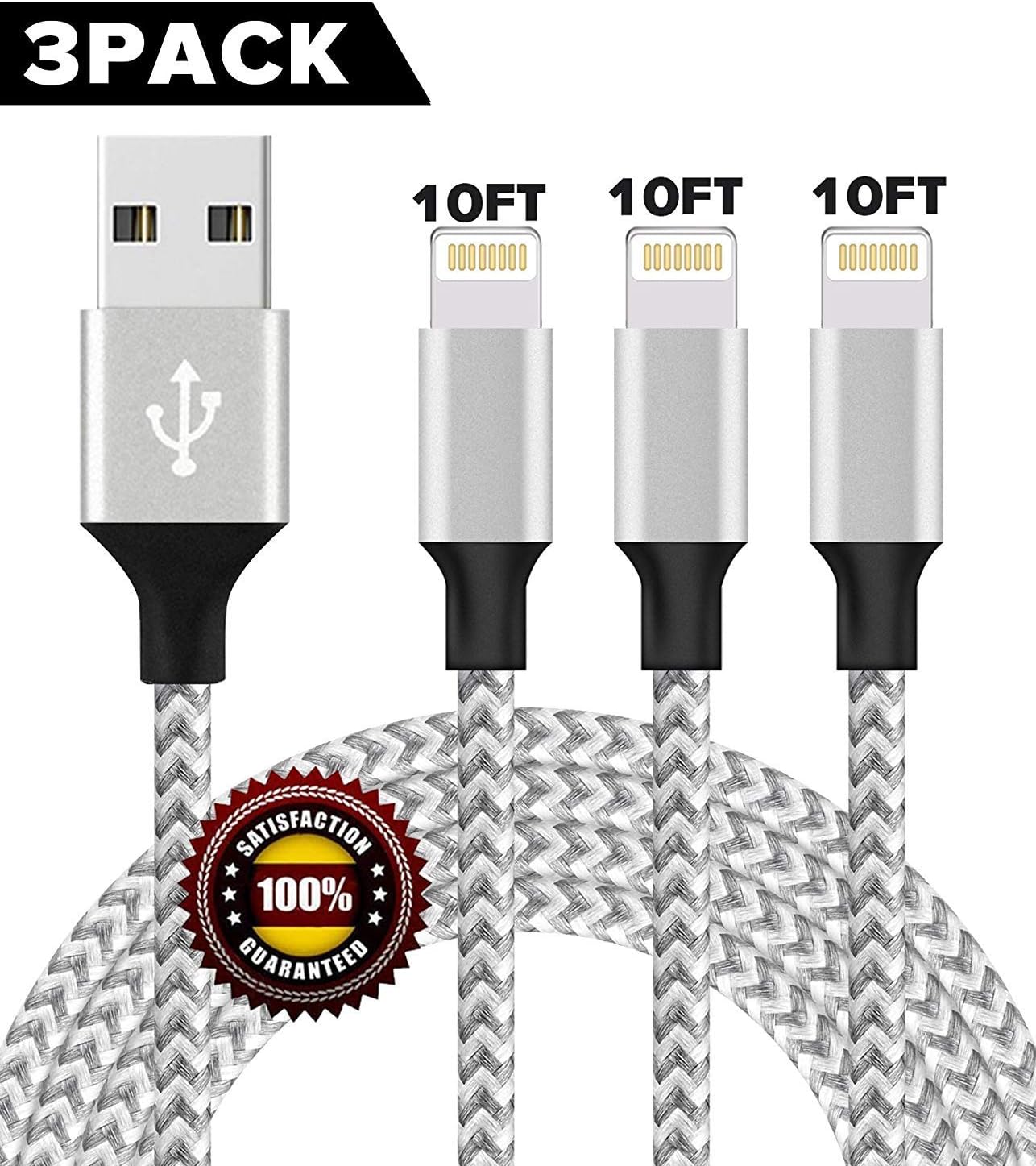BULESK Phone Cable 3Pack 10Ft Nylon Braided Phone Charger Cord Compatible with iPhone X iPhone 8 8 Plus 7 7 Plus 6s 6s Plus 6 6 Plus iPad iPod Nano