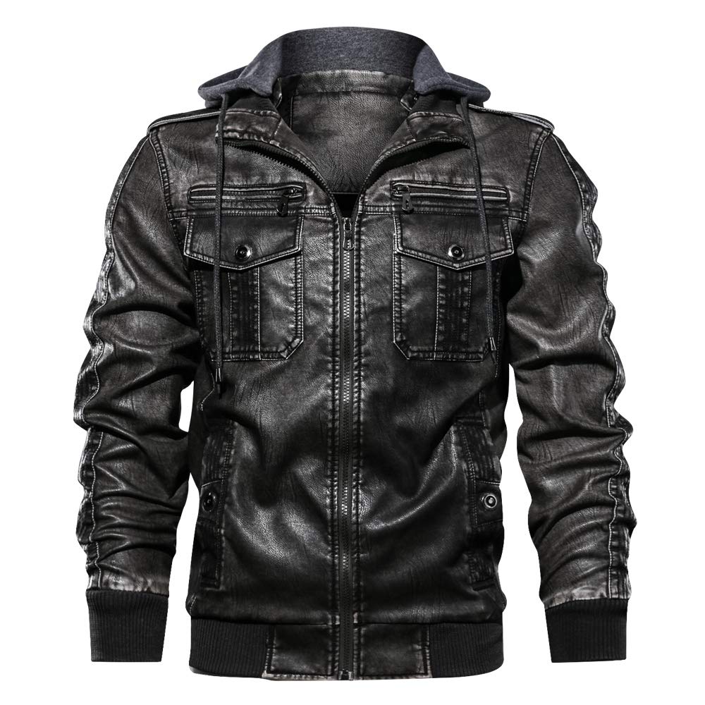 FEDTOSING Men\'s Faux Leather Jacket Retro Zip-UP Motorcycle Jackets with Removable Hood (Black-2 S)