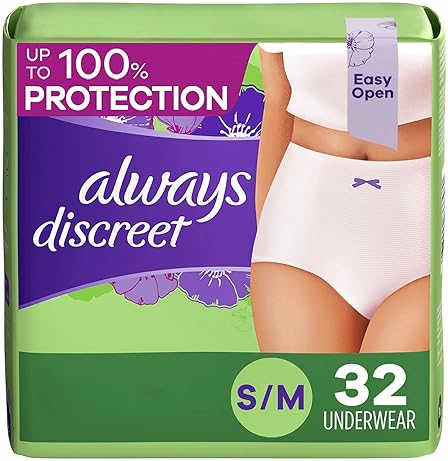Sports & Outdoors - Always Discreet Adult Incontinence Underwear for Women and Postpartum Underwear, Small/Medium, Up to 100% Bladder Leak Protection, 32 Count