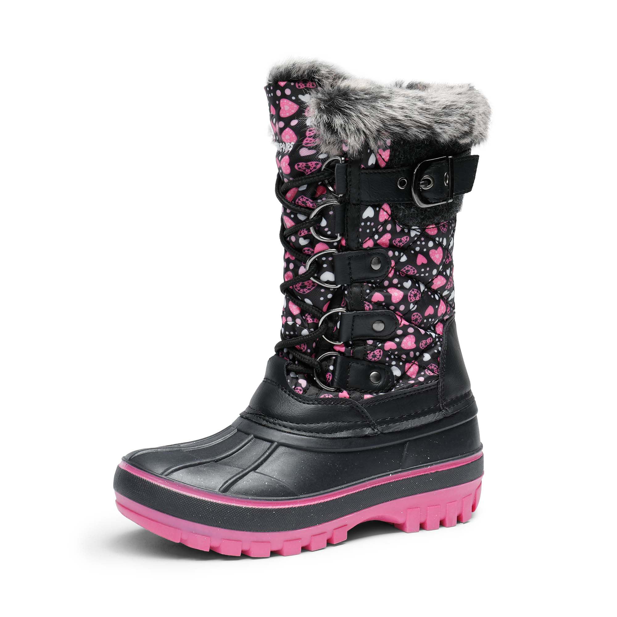 DREAM PAIRS Boys Girls Snow Boots Water-Resistant Outdoor Warm Cozy Anti-Slip Mid Calf Faux Fur Lining Insulated Winter Shoes for Little/Big Kids,Size 11 Little Kid,Black/Pink,KRIVER-1
