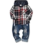 ZOEREA Toddler Baby Boys Clothes Outfits Kids Hoodie Flannel Shirts Set Plaid Hooded Tops +Jeans Pants Fall Winter 2-6T