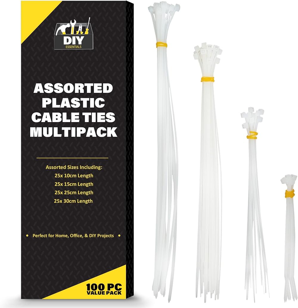 SOL 100 Pack White Cable Ties Assorted 100mm 150mm 250mm 300mm Heavy Duty