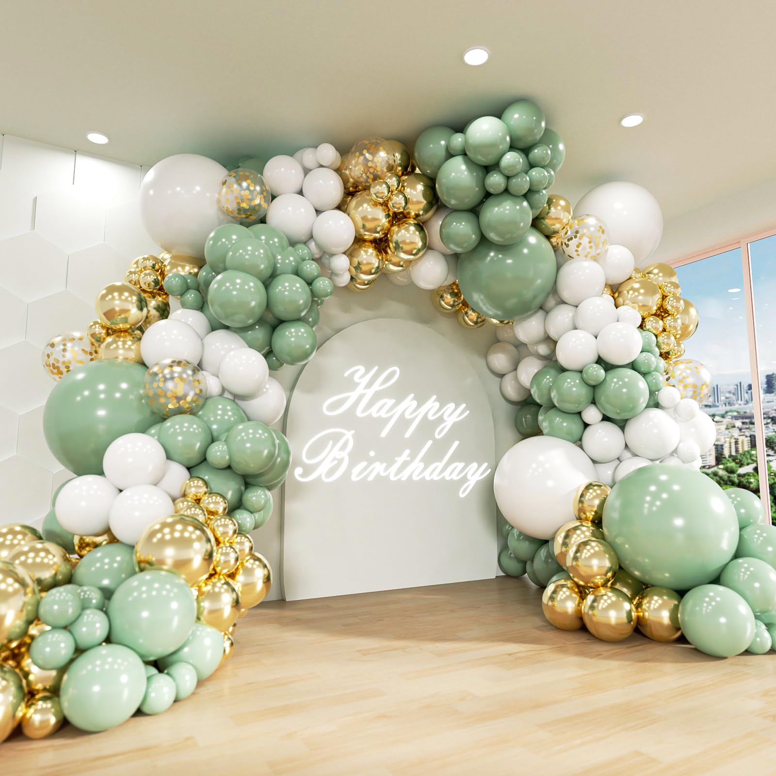 Photo 1 of ADOINBY Sage Green White Gold Balloon Arch Kit, 156Pcs Latex Balloons Different Sizes 18 12 10 5 Inch Party Balloon Garland Kit for Baby Shower, Wedding, Engagements, Birthday, Anniversary Decorations