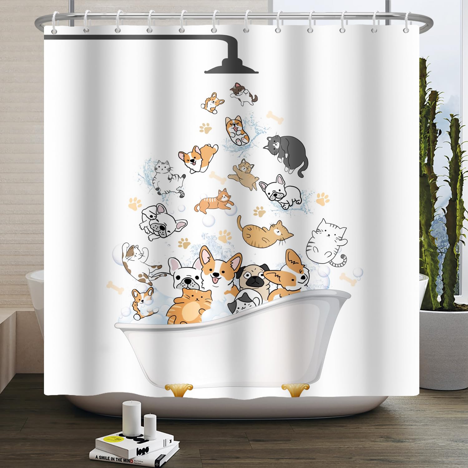 SDOTPMT 180x180cm Funny Animal Showering in Bathtub Shower Curtain Cute Cartoon Cats Dogs White Bath Curtain Countryside Farmhouse Bathtub Curtain for Boys Girls Bathroom Decor with Hooks — image 1