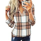 WIHOLL Womens Blouse Fall Fashion Ladies Basic Loose Fit Cuffed 3/4 Long Sleeve Plaid Print V Neck Work Tops Tunic Blouses Shirts for Women 2025 Business Casual S