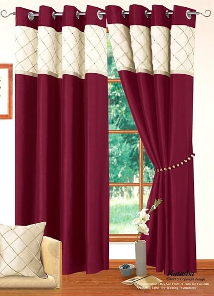Livingroom Bedroom Cream Burgundy Ring Top Eyelet Lined Curtains