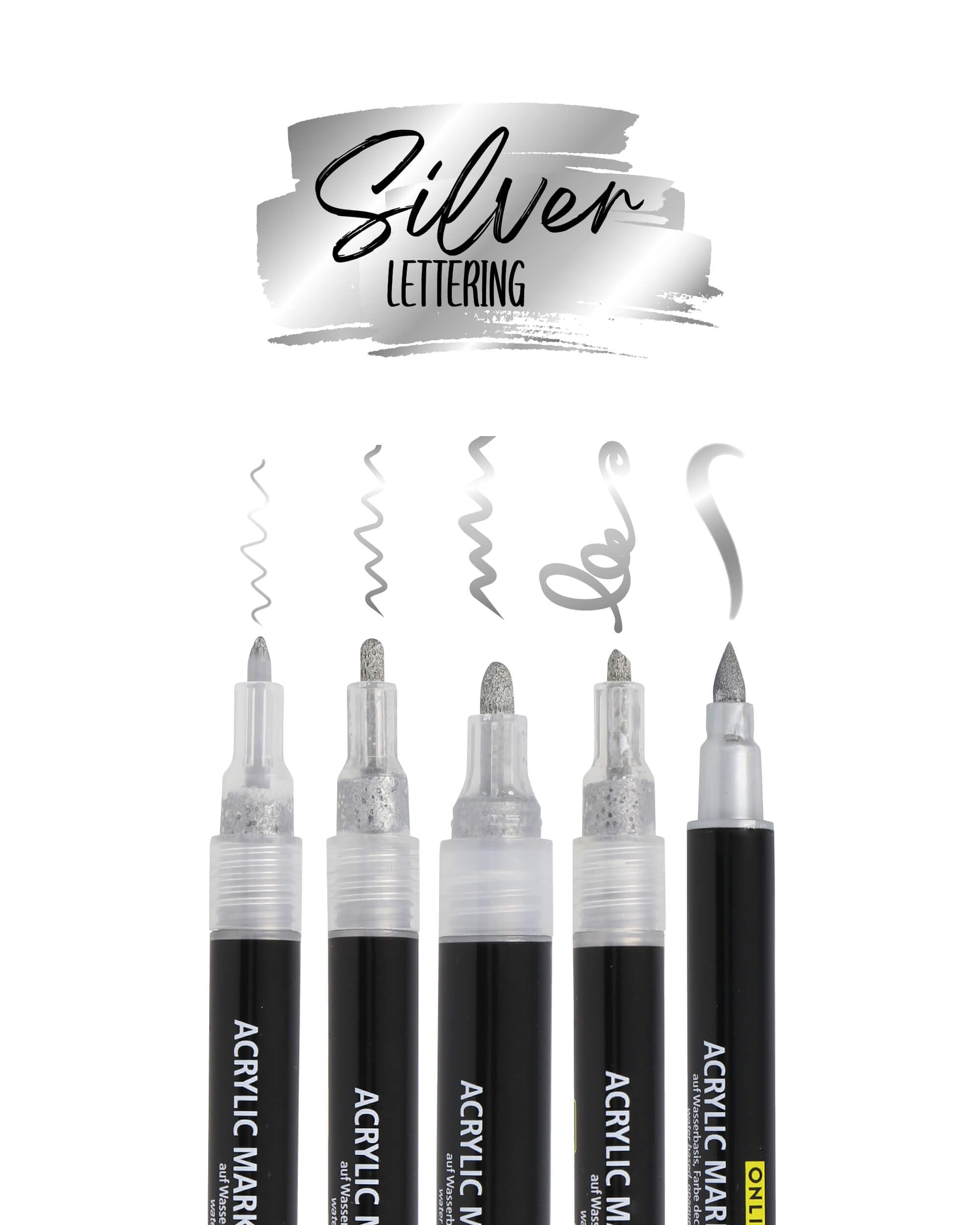 ONLINE Set of 5 Acrylic Pens Silver I Strong Opaque Hand Lettering Set with Brush Pen, Fineliner, Calligraphy Pen & Markers I Metallic Acrylic Marker for DIY Projects I Paper, Glass, Wood, Stone