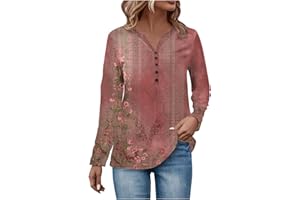 GOFULY Tee Shirts Womens Fall Ethnic Floral Baggy Bohemian Tops Long Sleeve Henley Neck V Neck Button Down Shirts Sweatshirt