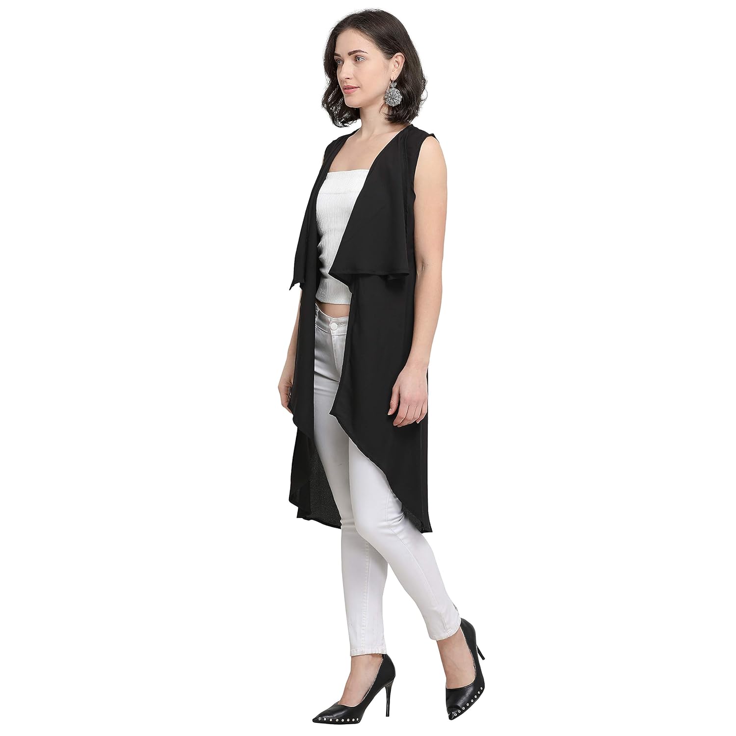 serein women's black soft crepe shrug/long jacket
