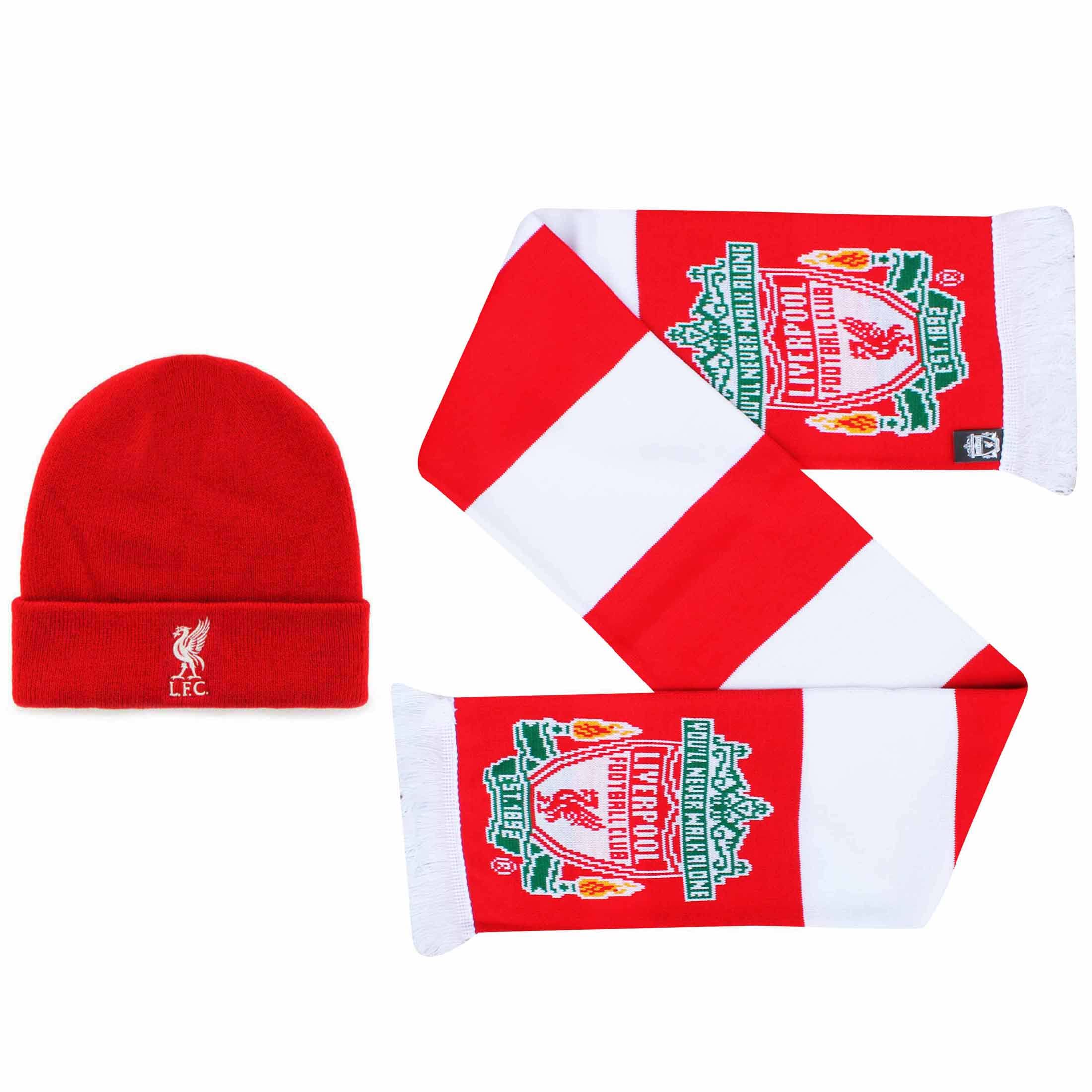 GIFTS 4 ALL Official Liverpool Football Winter Warmers Hat & Scarf Set (100% Acrylic), Fans Bar Scarf, Winter Woolly Hat With Football Crest