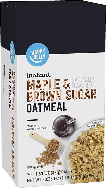AMAZON BRAND – HAPPY BELLY INSTANT OATMEAL, APPLE & CINNAMON, MAPLE & BROWN SUGAR, 30.33 OZ, 1.51 OUNCE (PACK OF 20)